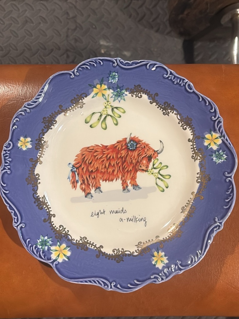 Anthropologie Purple-Rim Highland Cow Decorative Plate